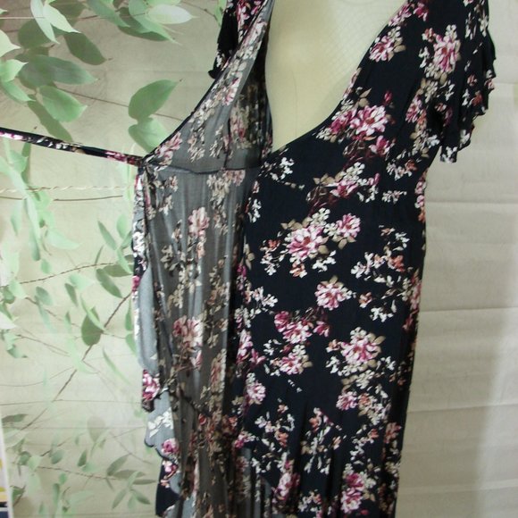 Black Pink Floral Ruffle Wrap Dress Chelsea & Violet Large Cottagecore Romantic - Picture 11 of 16
